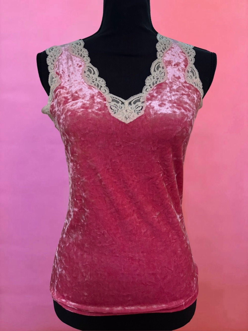 Vintage Banana Republic Pink Stretch Velvet Tank Top Cream Lace Trimmed - Medium